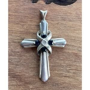 Vintage Sterling Silver Cross Pendant Black Stones W/God All Things Are Possible